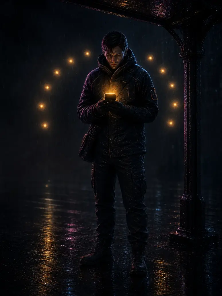 Night courier holding a device beside amber lights