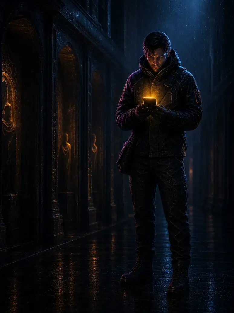 Night courier using a device in an arched gallery
