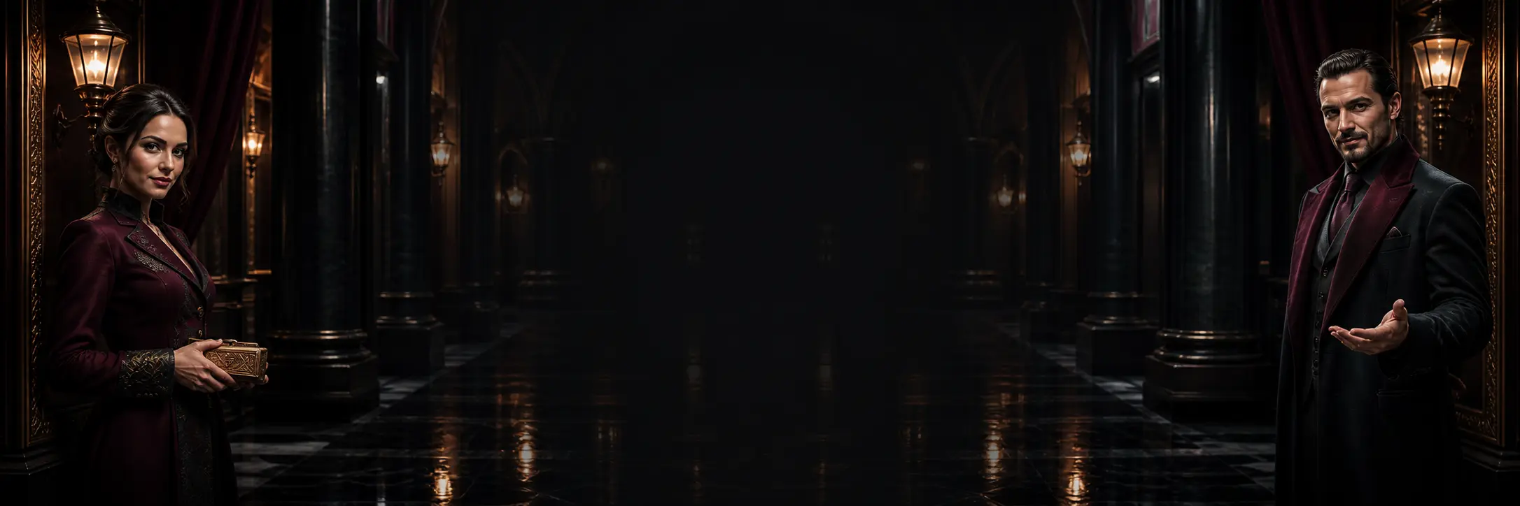 Hosts in a dark marble hall inviting Canadian players to install the National Casino app