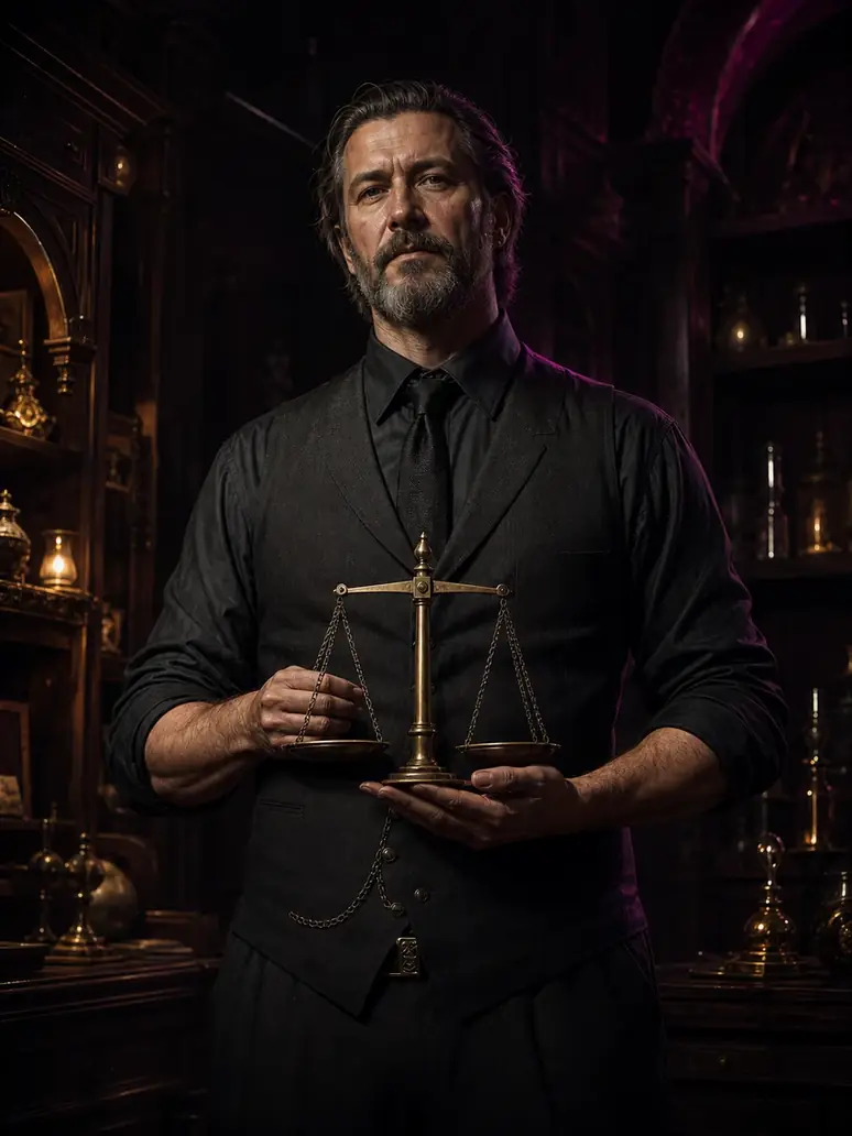 Dignified pawnbroker holding an antique brass balance