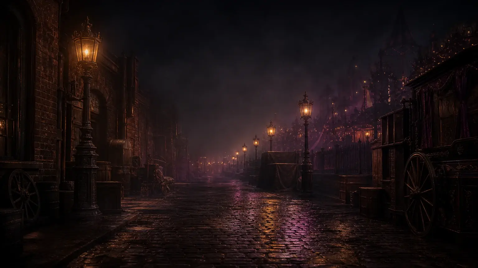 Rain-slick fairground service lane beneath amber lamps