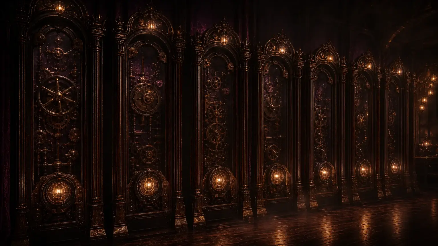 Ornate mechanical cabinets in a shadowed gallery
