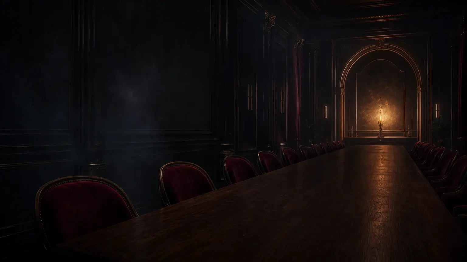 Long walnut table in an exclusive dark banquet hall