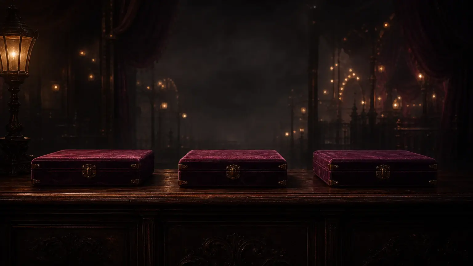 Three closed velvet presentation cases in a dark salon