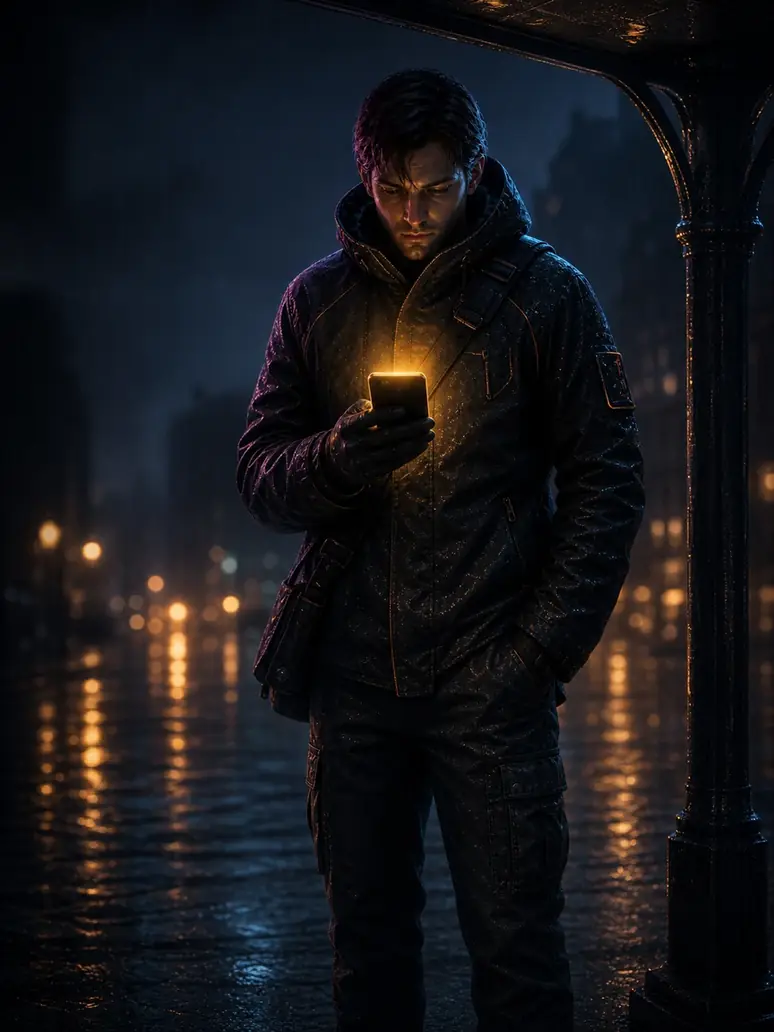 Night courier using the National Casino mobile web app in a rainy city