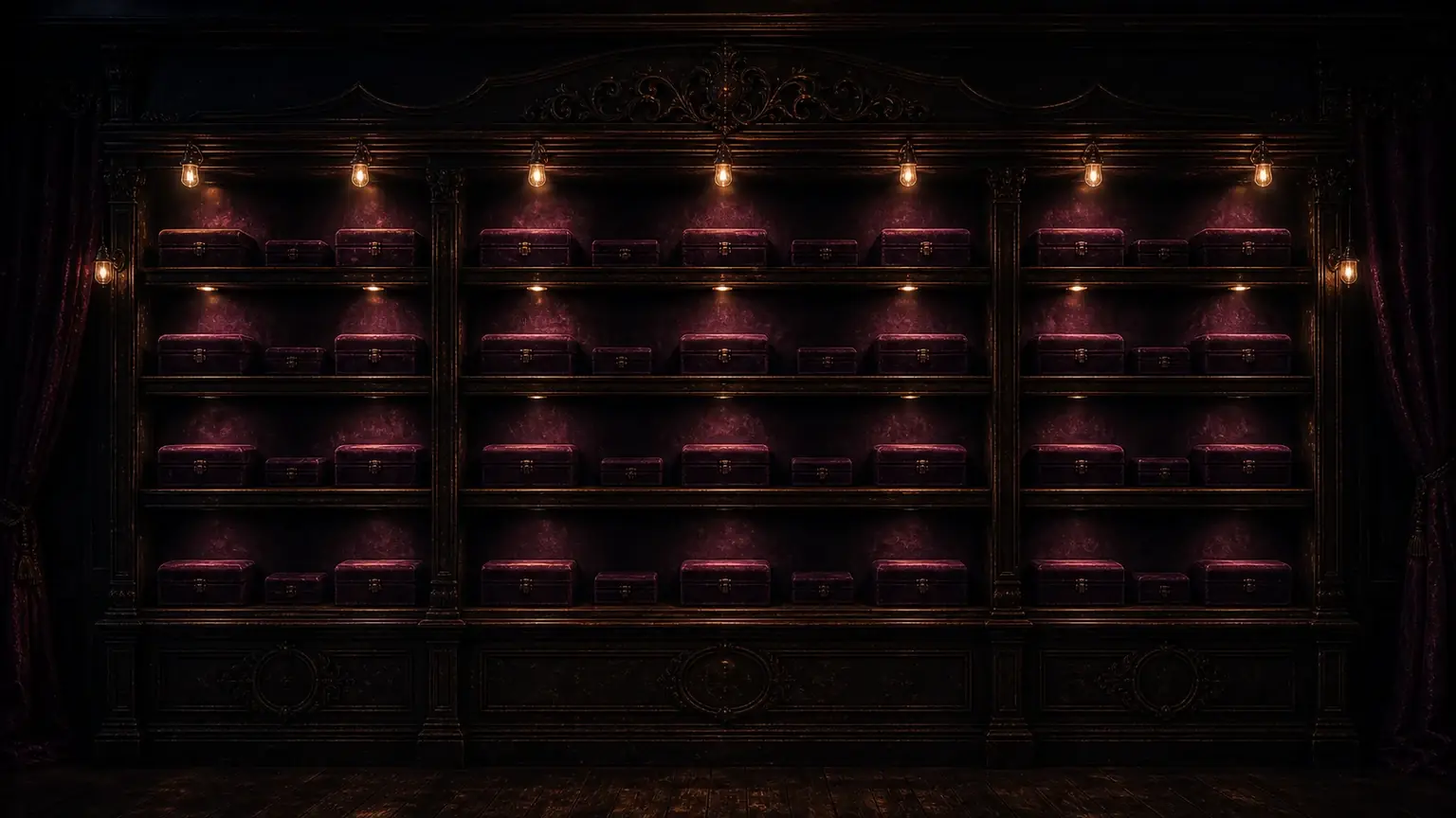 Velvet presentation boxes in an amber-lit gallery