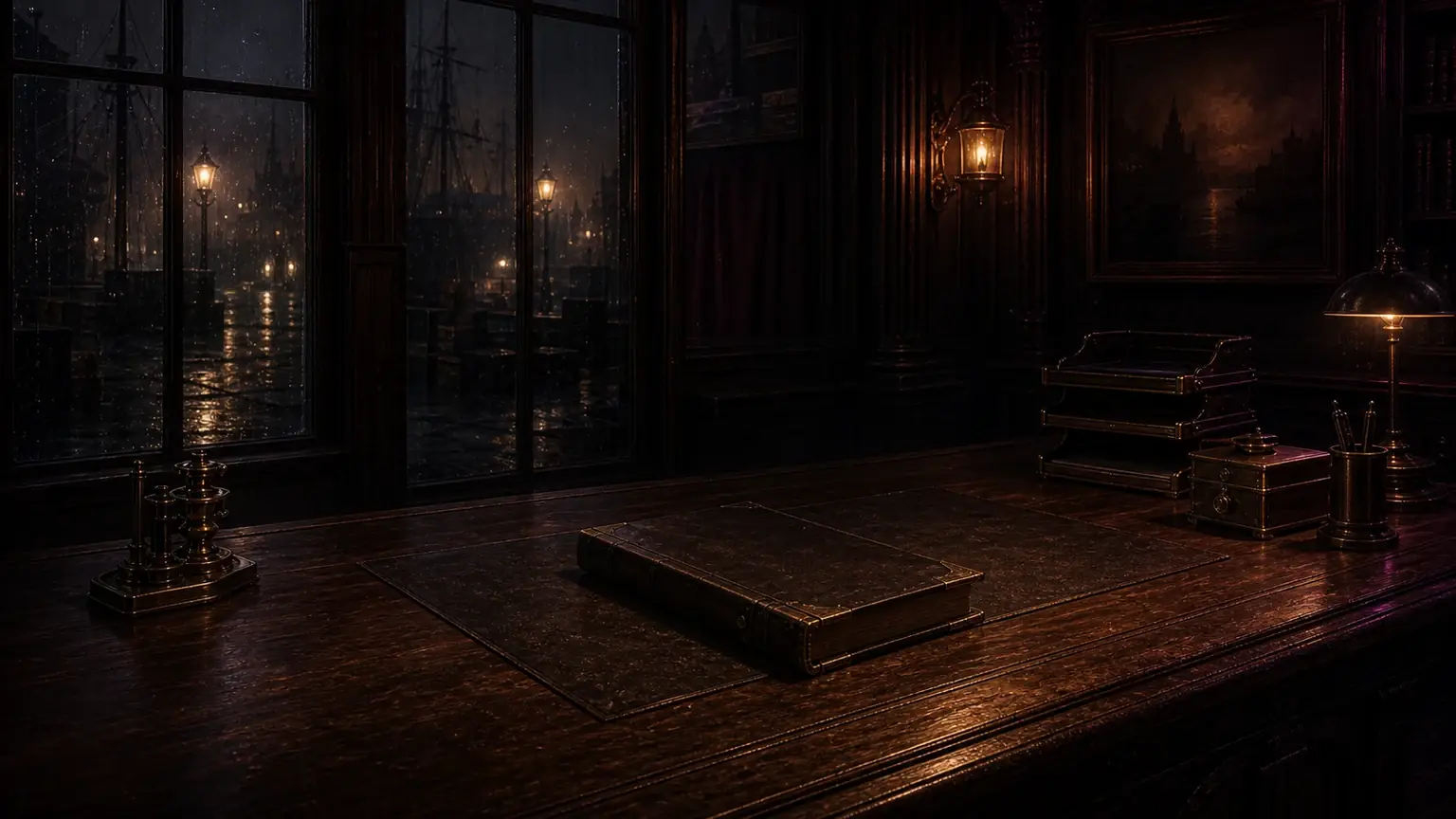 Harbour accounting office with ledgers and brass instruments