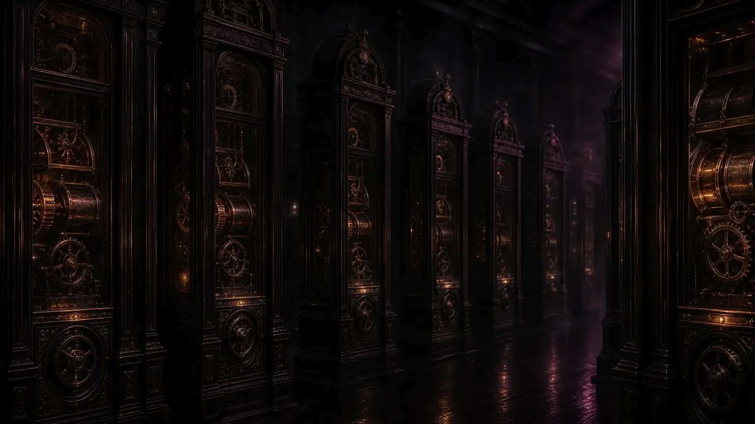 Mechanical entertainment cabinets in a dark gallery