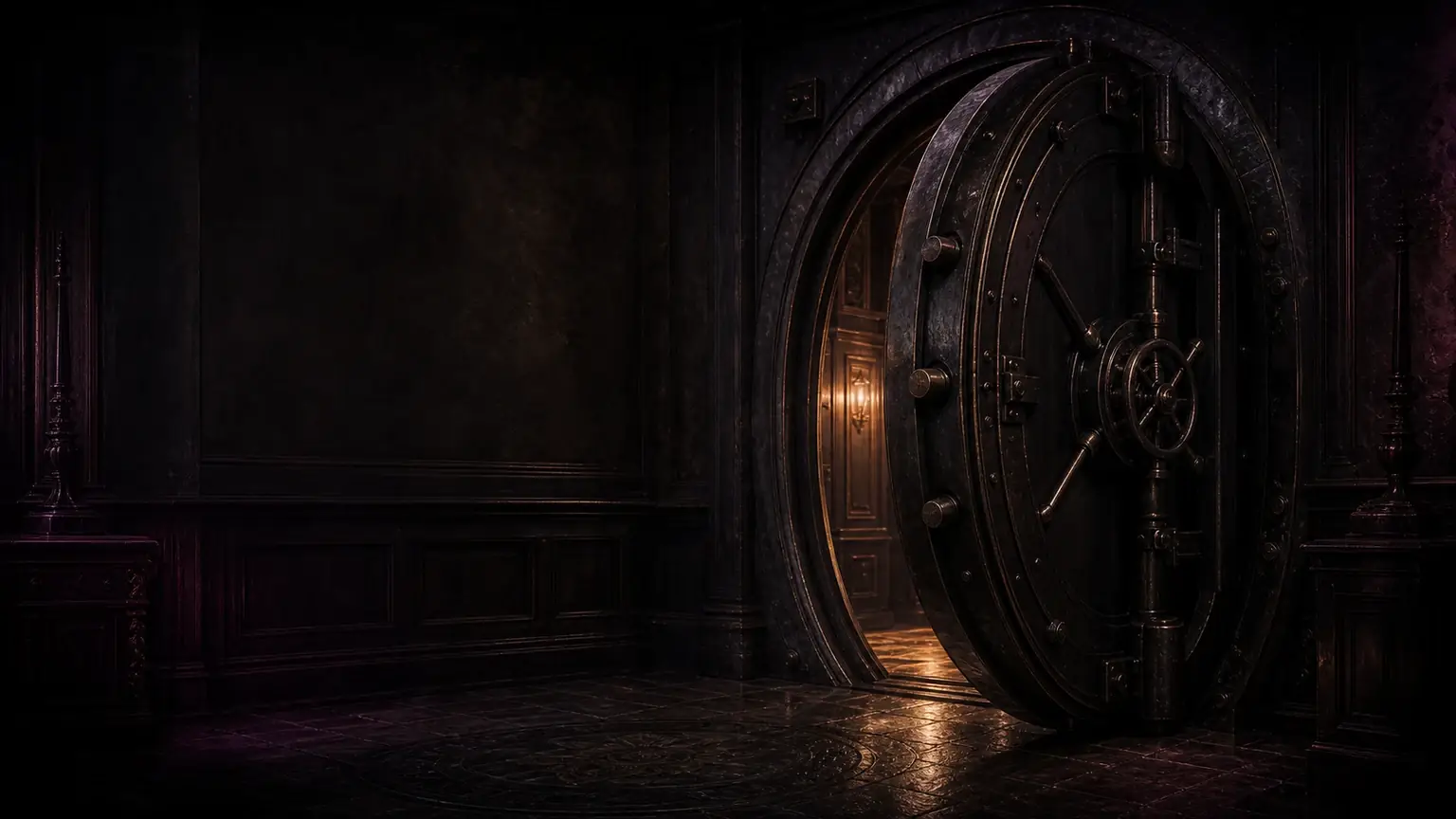 Partly open brass vault door in a dark chamber