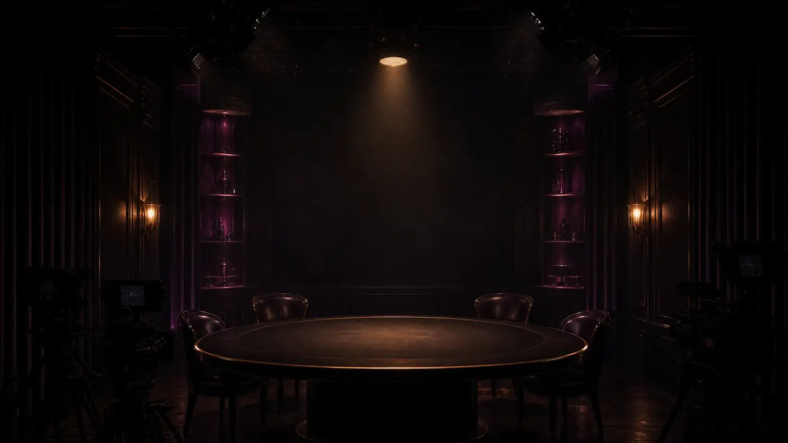Empty live broadcast table beneath studio lights