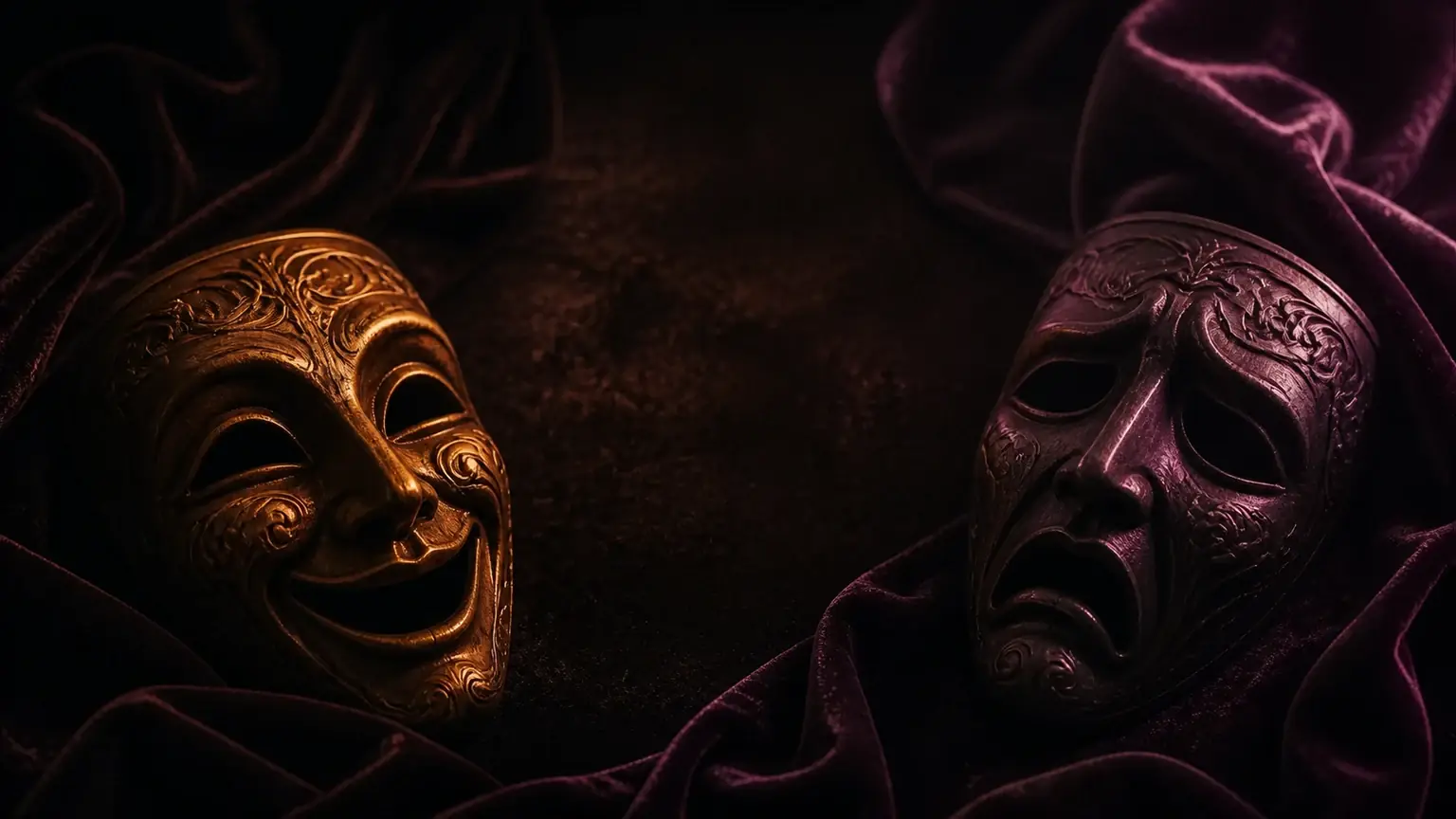 Theatre masks lit by amber and magenta light