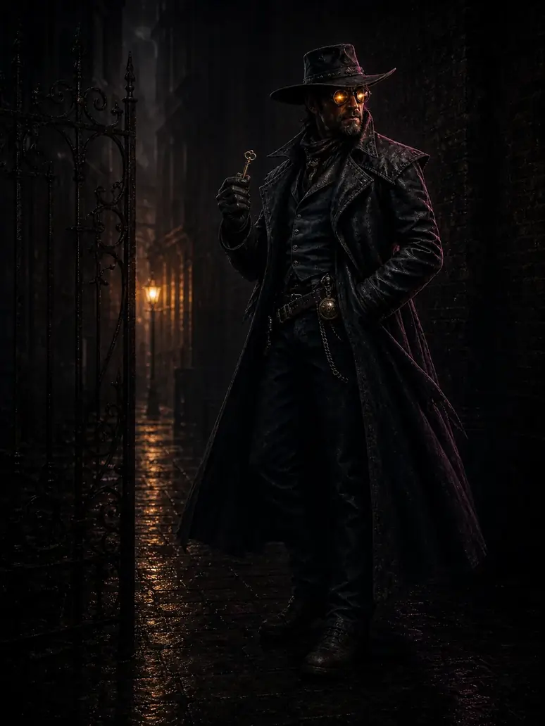 Frontier detective holding an antique brass key