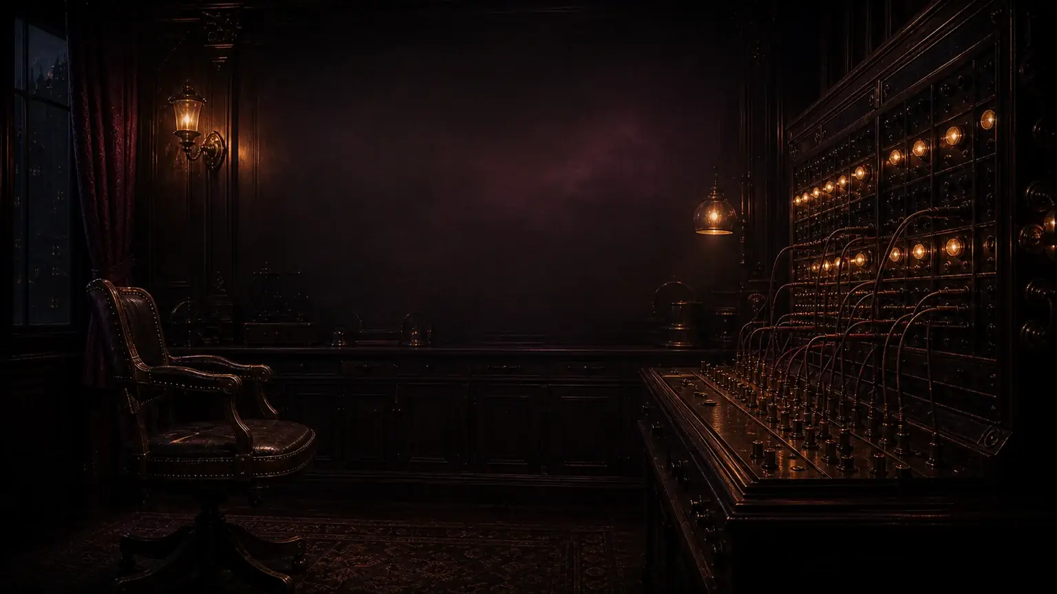 Amber-lit brass switchboard in a dark support room