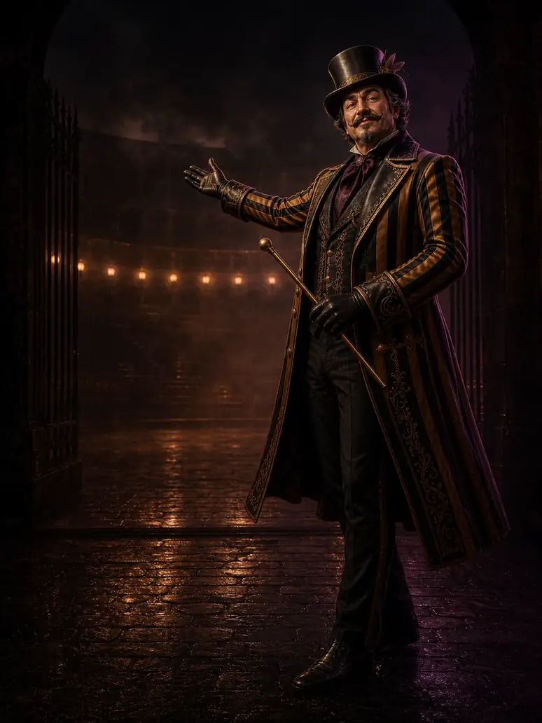 Carnival host welcoming guests to a night arena