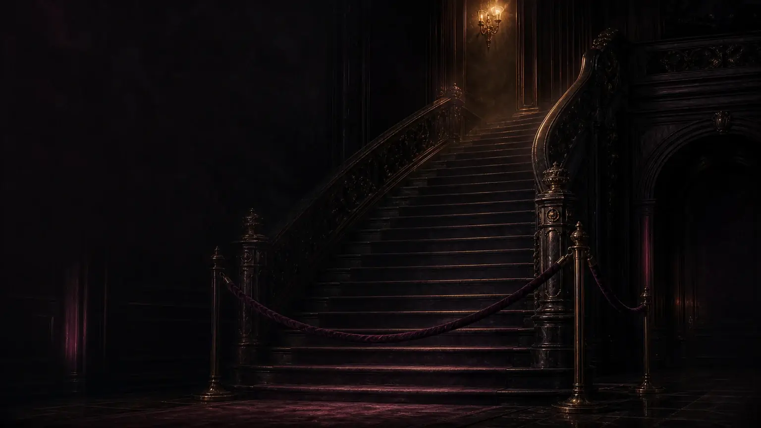 Gilded staircase rising through a dark interior