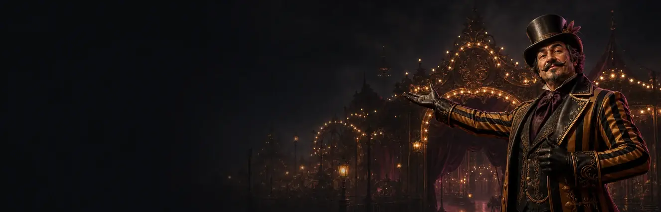 Carnival host welcoming players at an illuminated night fairground